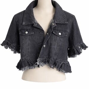 Chic Black Denim Jacket with Ruffle Details
